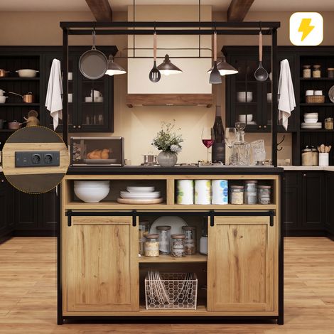 Meuble de cuisine avec plan de travail et prise électrique, îlot de cuisine de 183 cm de haut avec étagère suspendue, aspect bois/noir, pour cuisine et salle à manger (1/4)