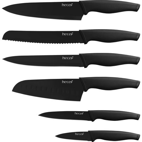6-Piece Sharp Kitchen Knife Set with Matching Blade Guards, Black Oxidised Blades and Soft Touch Handles, Scratch and Rust Resistant for Cooking and Camping (1/5)