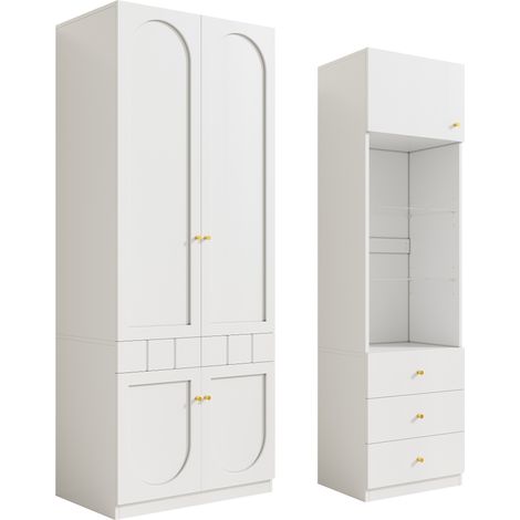 CAIziEnsemble d'armoire, armoire à 2 portes + vitrine, ensemble de meubles de chambre, meuble de rangement pour chambre, armoire laquée + armoire de rangement, ensemble de meubles blanc, 80×50×200 cm,