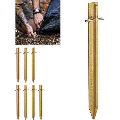 Set 8 Piquetas de Camping, Perfil de T, Estacas Tienda de Campaña, 30cm, Ojal, para Clavar, Resistente, Dorado