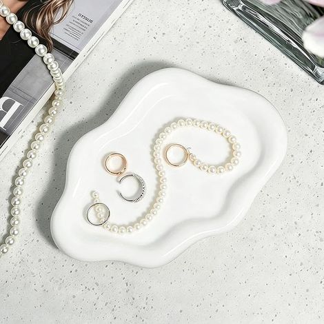 Plateau à bijoux en céramique, plat décoratif blanc, décoration esthétique pour fille, pour ranger bagues, colliers, bracelets, parfums, et de salle de bain, table (1/5)