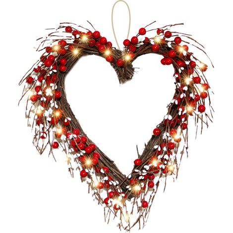 Couronne de Saint-Valentin pour Porte avec LED, Cœur Rouge à Baies et 20 Lumières à Piles, Décoration Fête Intérieur Extérieur (1/5)