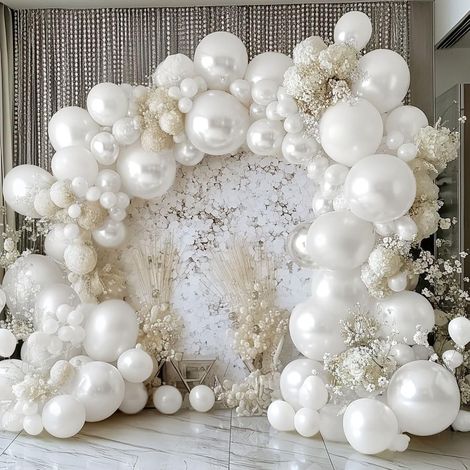 Kit d'arche de ballons blanc nacré - Ballons blancs souples à double remplissage en 3 tailles (18/12/5 pouces) Guirlande de ballons crème pour décorations de mariage, anniversaire, enterrement de vie (1/5)