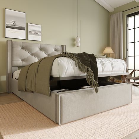 Camas con almacenaje 90x200 cm, camas individuales, somier de láminas, algodón, sin colchón, beige grisáceo (1/5)