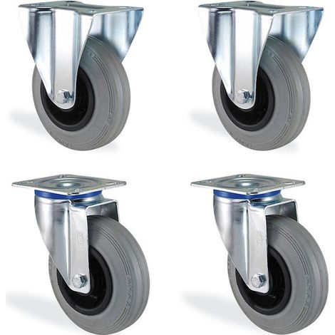Lot roulettes pivotante et fixe caoutchouc gris souple diamètre 200mm charge 660kg