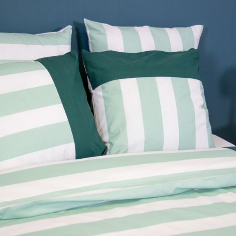 Juego de cama de algodón con estampado de rayas, 2 plazas, blanco y verde