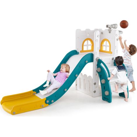 COSTWAY 6 in 1 Scivolo per Bambini, Set da Gioco a Forma di L con Canestro da Basket e Telescopio, Spazio di Archiviazione, Scivolo da Interno ed Esterno per 1-3 Anni (Giallo) (1/5)