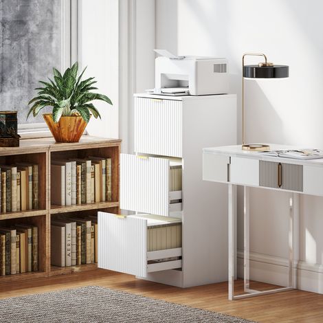 Schreibtischschubladenschrank mit 3 Schubladen, geriffelten Fronten, Aktenschrank für A4- oder Letter-Format, 40 x 40 x 101 cm, Weiß (1/5)