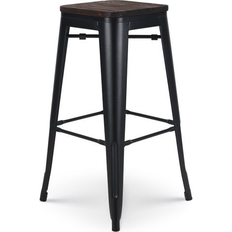 Barhocker aus mattschwarzem Metall im Industriestil und Sitz aus dunklem Holz - Höhe 76 cm
