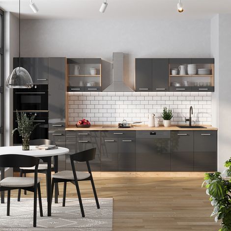 Cuisine R-Line, Anthracite brillant/Chêne doré, 350 cm avec armoire haute, PT Marbre, Vicco