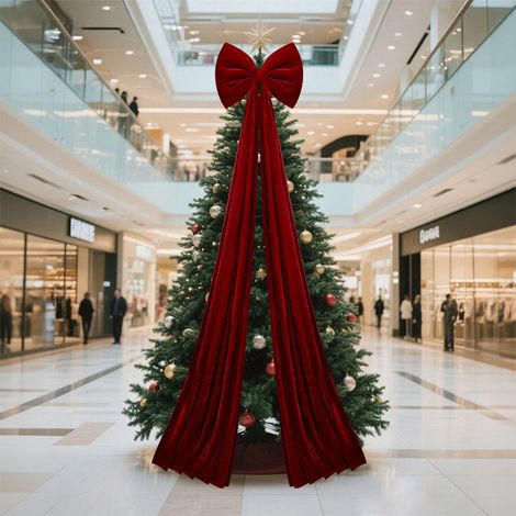 Ein großer Weihnachtsbaum, geschmückt mit bordeauxroten Samt-Weihnachtsschleifen, geeignet für den Innen- und Außenbereich als festliche Heimdekoration (40x200 cm).