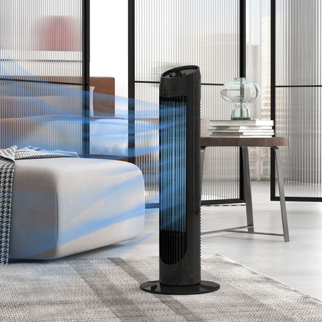 Ventilateur colonne silencieux avec 3 vitesses, oscillation 70°, 45 W, en ABS noir, 27x27x75 cm