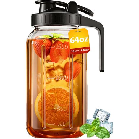 Pitcher En Verre - 2 Litres - Bouchon Étanche Avec Joint En Silicone - Pour Thé Glacé, Infusion Solaire, Cold Brew Et Lait - Embout Verseur Et Poignée (1/5)