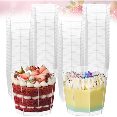 JSSEVN - Set of 50 Plastic Dessert Cups 160ml/5oz - Clear Octagonal Dessert Cup with 100 Spoons - Reusable Dessert Container for Mousse, Pudding (1/5)