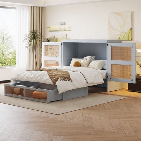 Lit double scamotable 140x200 cm gris rotin, lit mural à lattes avec tiroirs. Lit pliant vertical, design bois pour enfant ou adulte (sans Matelas) (1/5)