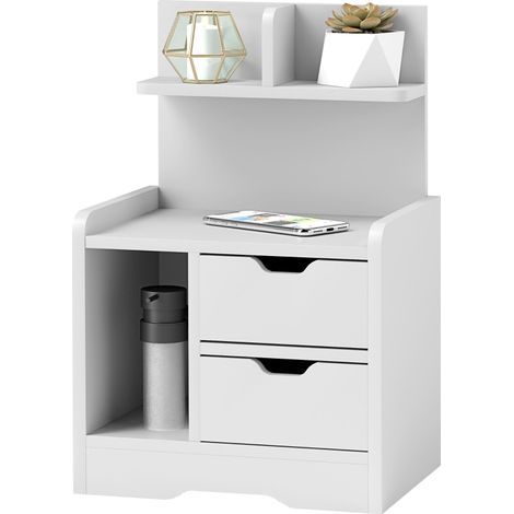 Table de chevet blanche avec 2 tiroirs et étagère ouverte, dimensions 40 x 30 x 60 cm (1/5)