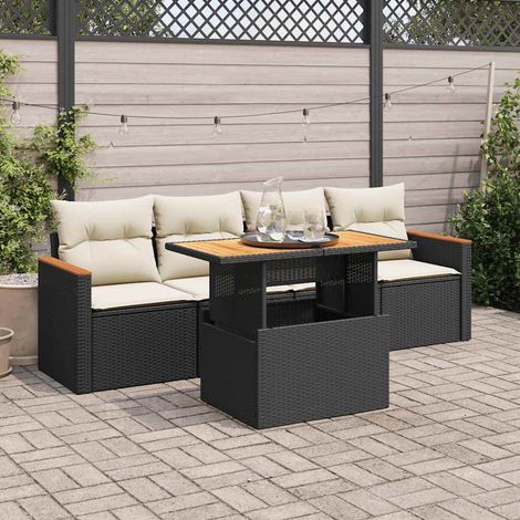 5tlg. Garten-Sofagarnitur mit Kissen Schwarz Poly Rattan Akazie