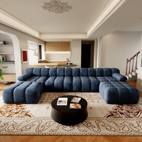 Canapé d’angle 6 places en L bleu en tissu, sans montage, structure en mousse haute élasticité, 2 poufs, 400×200×68 cm (1/5)
