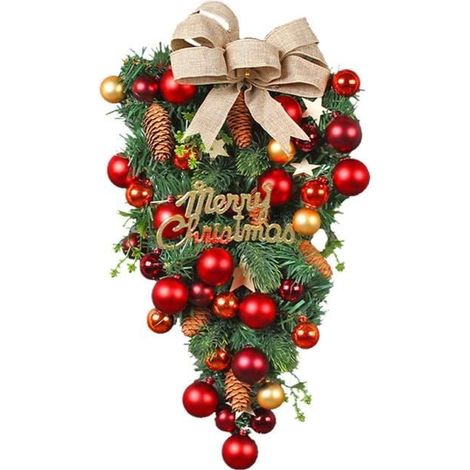 Türkranz für Weihnachten, künstliche Girlande mit Schleife und Kugeln, Adventskranz aus Tannengrün.