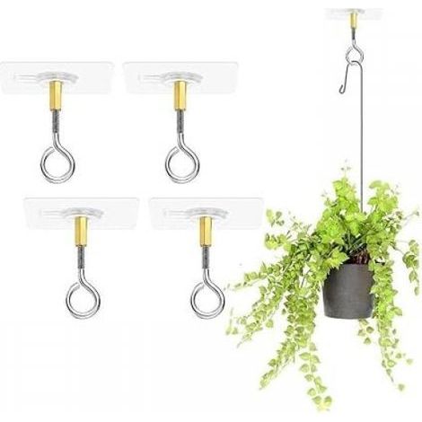 Lot de 4 crochets de plafond autocollants, sans perçage, pour suspendre des plantes, avec crochets de plafond en acier inoxydable, crochets de plafond autocollants, peut supporter 5 kg (1/4)