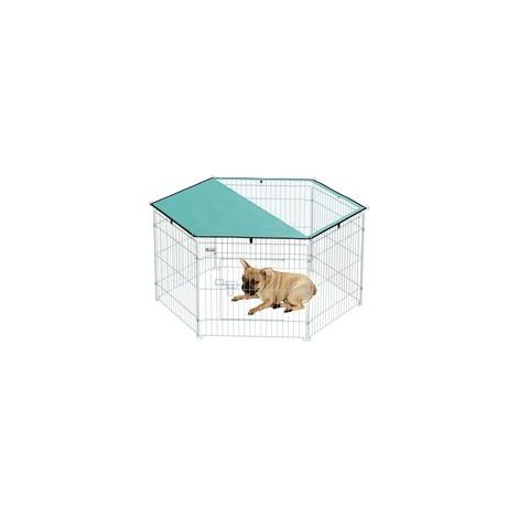 Hundeauslaufgehege, 6-teilig mit Dach, modular und faltbar, tragbar, 60 cm hoch, mit Tür, Katzenzaun, für kleine Hunde, für drinnen und draußen, silber, grün (1/5)