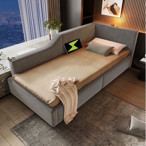 Letto contenitore 90x200 in velluto grigio DESVIAE (1/5)