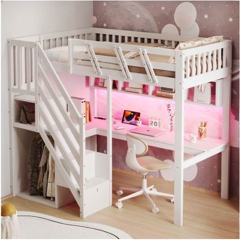 Lit Mezzanine 90x200cm avec Bureau et LED - lit simple - Bois Blanc, Escalier Rangement, Prises USB, garde-corps de sécurité - Blanc (1/5)