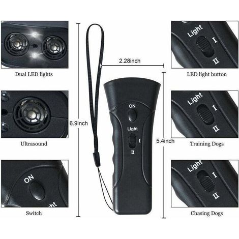 Répulsif à ultrasons pour chien Appareil anti-aboiement 3 en 1 Double canal jusqu'à 20m Outil de dressage avec lampe LED (1/4)