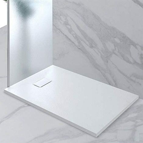 Piatto Doccia Spessore 2.6 Cm Resina SMC Effetto Pietra Stone Ardesia Antiscivolo Riducibile Filopavimento Con Griglia Di Copertura Bianco 80x130 Cm (1/3)
