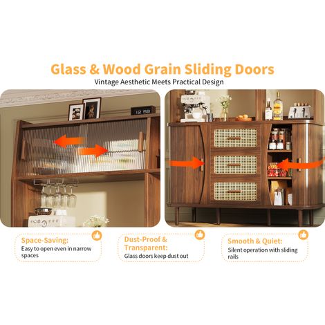 Buffet de haute qualité avec aspect rotin & portes coulissantes en verre, armoire de cuisine de 174,5cm avec rangement, aspect bois naturel/noyer, charge jusqu'à 60kg (1/5)