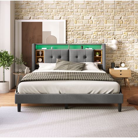 Lit coffre 140x200 LED USB gris en bois massif HAVRYA (1/5)