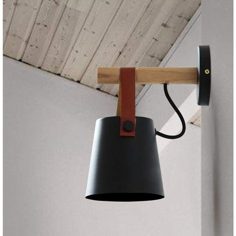Applique murale moderne E27 en métal, style fer forgé, ceinture en bois, suspension créative d'inspiration nordique (noir) - RW (1/5)
