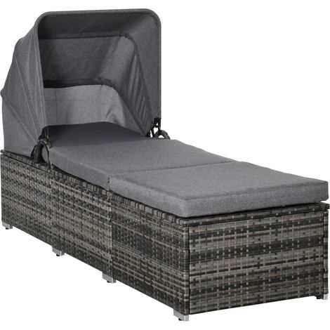 Graue Polyrattan-Sonnenliege mit Sonnendach und Kissen, 195 x 65 x 40 cm (1/5)