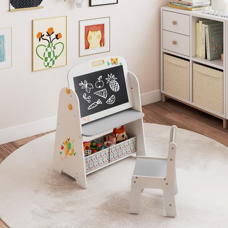 Ensemble Table et Chaises pour Enfants Chevalet d'Art et Étagère 4 en 1 avec Tableau Blanc et Tableau Noir Magnétiques pour Dessiner Gris (1/2)