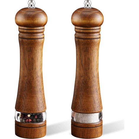 Lot de 2 moulins à sel et à poivre en bois de 20,3 cm avec mouture réglable, rechargeable, pour cuisiniers à la maison (marron) (1/5)
