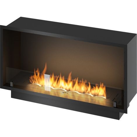 Cheminée bioéthanol encastrable Inside Black 1000 - Noir mat, avec vitre, brûleur 3 L, design moderne