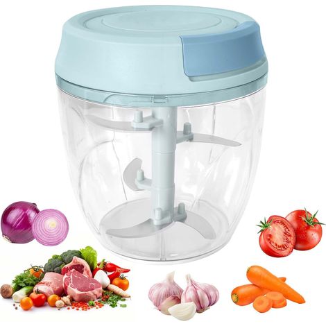 Manual Chopper, 900 ML Multi-purpose Manual Onion Blender Cutter with 5 Stainless Steel Blades, Easy Clean Onion Slicer Fine Herbs for Vegetables, Meat and Baby Food, Blue (1/5)