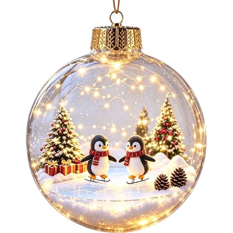 Boule à neige lumineuse 3D en acrylique transparent, décoration de Noël avec un adorable pingouin à suspendre au sapin pour calendrier de l'Avent (1/5)