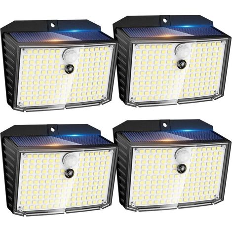 Lampe solaire avec détecteur de mouvement, 4 lampes solaires 158 LED blanc froid 3 modes avec détecteurs de mouvement, lumière murale solaire étanche IP65 pour jardin, garage, marches, terrasse
