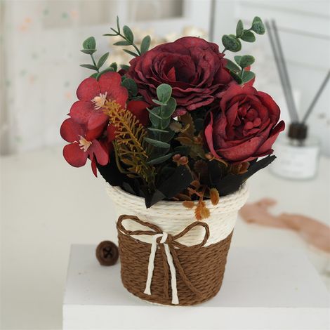 Fleurs Artificielle Potée - Bouquet de Roses Miniatures Thé Authentique Toucher, Panier en Rotin, 9×9×15cm, Rouge, Plante Éternelle Déco Maison Bureau (1/5)