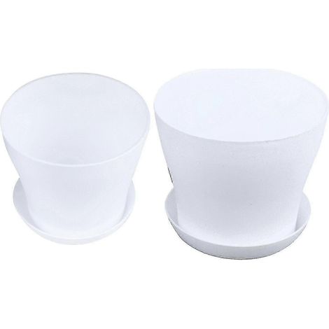 Lot de 2 pots de fleurs ronds en plastique brillant avec soucoupe, pour la décoration de la maison et du jardin, couleur blanche. (1/5)