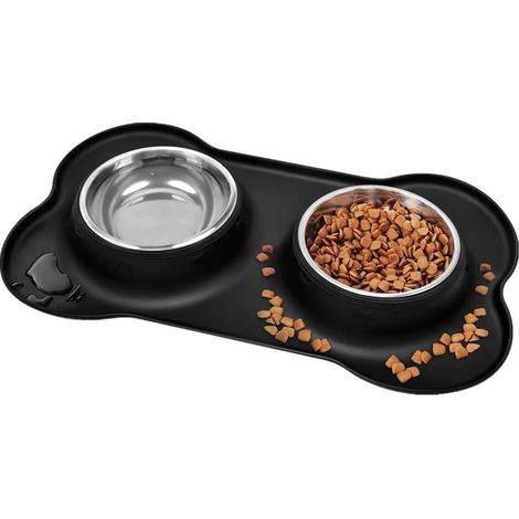 Gamelle pour chien, gamelle pour chat, gamelle double couche antidérapante en acier inoxydable avec plateau en silicone anti-déversement. (1/5)