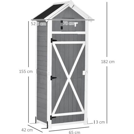 Abri de jardin bois gris avec porte et toit, 78x52,5x182 cm, rangement extérieur pour outils, idéal jardin, avec table pliante intégrée (1/5)