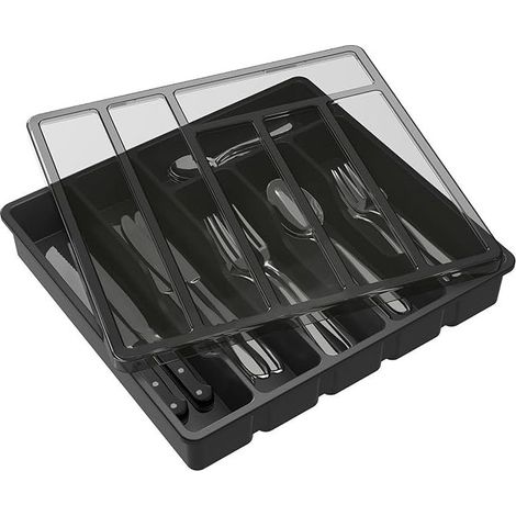 Range Couverts pour Tiroir avec Couvercle, Boîte de Rangement Couverts de Cuisine, Organisateur de Couverts en Plastique, pour Cuillères Fourchettes, Couteaux, 6 Compartiments, Noir (1/5)