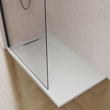 Plato de Ducha Resina 70 x 130 cm Blanco Enmarcado Textura Pizzarra Antideslizante C3 Rejilla de Resina. Incluye Valvula Sifón