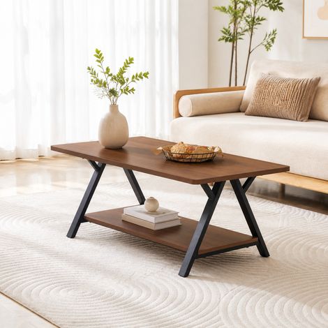 Mesa de centro 110 x 57 x 44,5 cm con espacio de almacenamiento, veteado nogal, negro OKMYHOME (1/5)