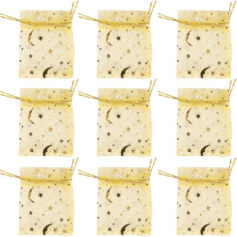 100 Pochettes Organza Or avec Lune et Étoiles, Transparentes à Cordon, Brillantes pour Bijoux, Fêtes et Cérémonies, Lot de 100 (1/5)