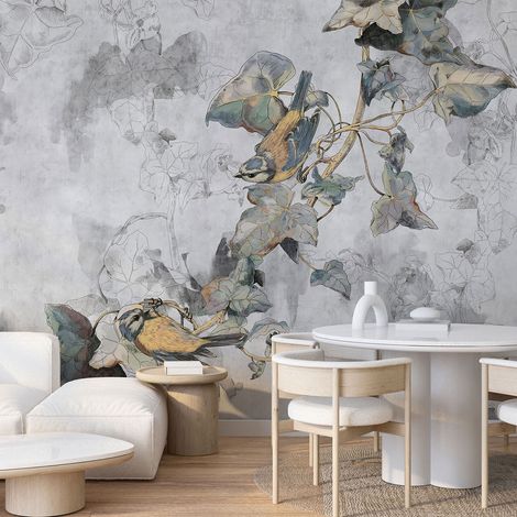 Papier peint panoramique - Fleurs Oiseaux - 130 cm x 78 cm (1/4)