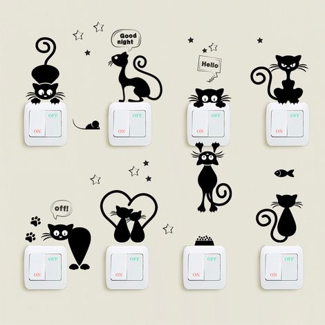 Ahlsen Niedliche Katzen-Wandaufkleber, Katzen-Lichtschalter-Aufkleber, schwarze Katzen-Cartoon-Wandaufkleber für Lichtschalter oder selbstklebende Steckdosen-Wandaufkleber (1/5)