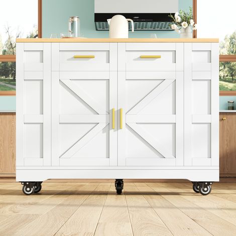 Îlot de cuisine blanc moderne grain bois avec armoires extensibles,table multifonction et rangement intégré.